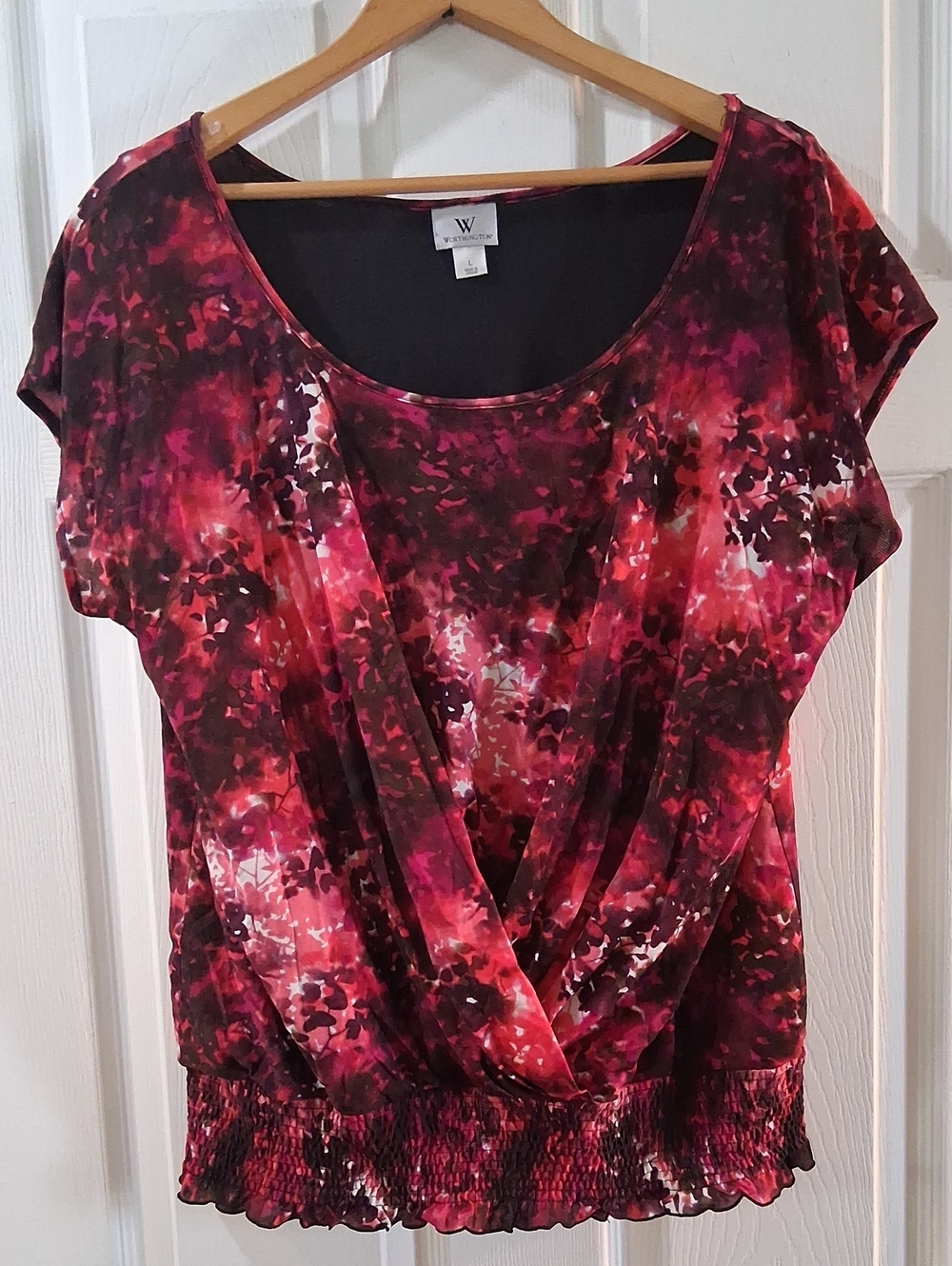 Worthington Red Floral Surplice Short-Sleeve Top